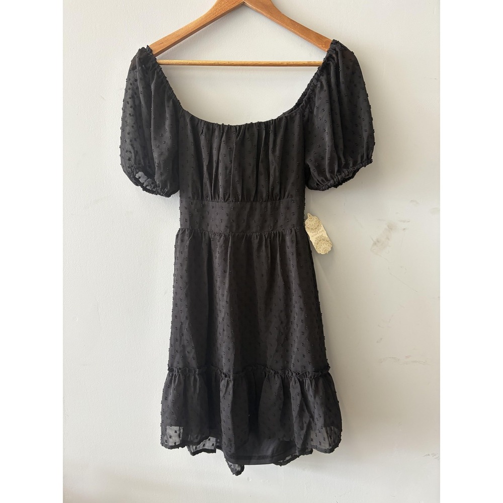 Altar'd State Dress Womens M‎ Black Swiss Dot Puff Sleeve Cut Out Bow Mini